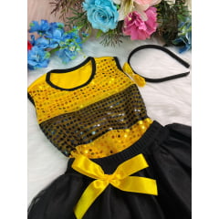 Fantasia Infantil Abelhinha Blusa Saia Tiara e Luva Amarelo