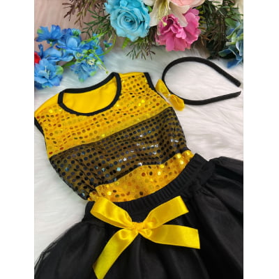 Fantasia Infantil Abelhinha Blusa Saia Tiara e Luva Amarelo