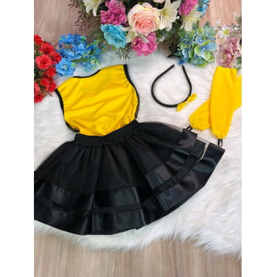 Fantasia Infantil Abelhinha Blusa Saia Tiara e Luva Amarelo
