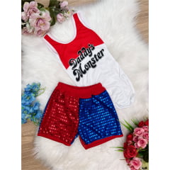 Fantasia Infantil Arlequina Brilho Body e Shorts