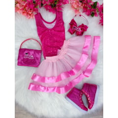 Fantasia Infantil Barbie Pink Body Saia Rosa Com Broche Luxo