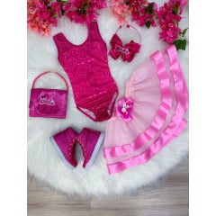 Fantasia Infantil Barbie Pink Body Saia Rosa Com Broche Luxo