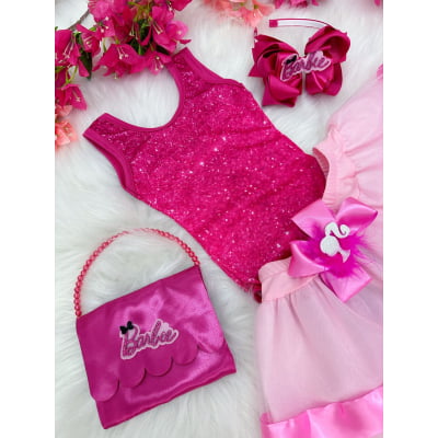 Fantasia Infantil Barbie Pink Body Saia Rosa Com Broche Luxo