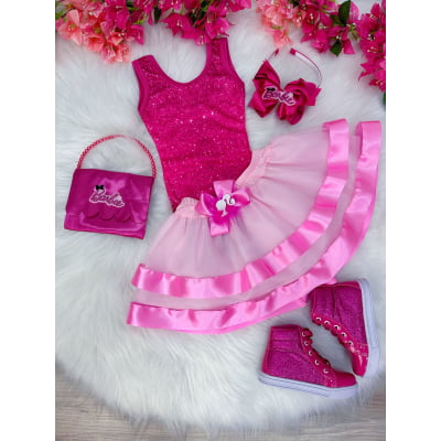 Fantasia Infantil Barbie Pink Body Saia Rosa Com Broche Luxo