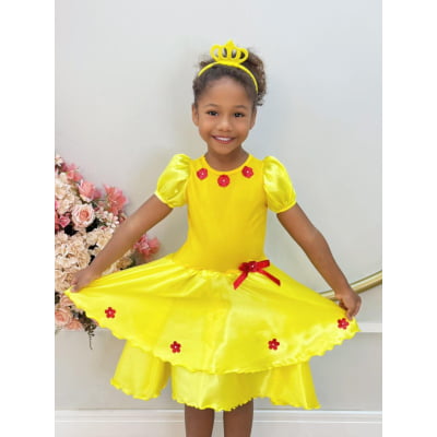 Fantasia Infantil Princesa Amarela c/Tiara, em Cetim e Helanca