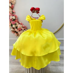 Fantasia Infantil Bela e a Fera Amarelo Claro Renda Dourada