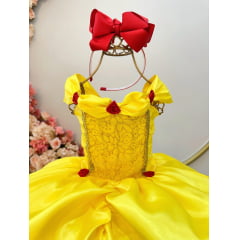 Fantasia Infantil Bela e a Fera Amarelo Com Renda Dourada