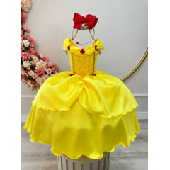 Fantasia Infantil Bela e a Fera Amarelo Com Renda Dourada