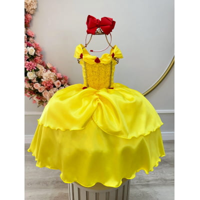 Fantasia Infantil Bela e a Fera Amarelo Com Renda Dourada