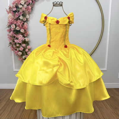 Fantasia Infantil Bela e a Fera Amarelo Com Renda Dourada