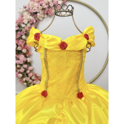Fantasia Infantil Bela e a Fera Amarelo Com Renda Dourada