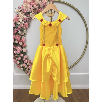 Fantasia Infantil Bela e a Fera Amarelo Com Renda Dourada