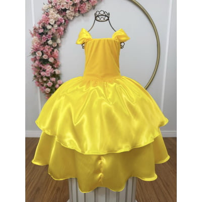 Fantasia Infantil Bela e a Fera Amarelo Com Renda Dourada