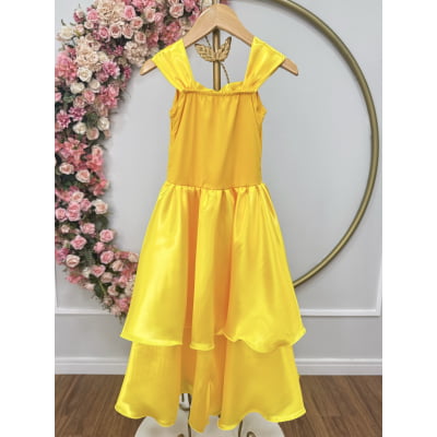 Fantasia Infantil Bela e a Fera Amarelo Com Renda Dourada