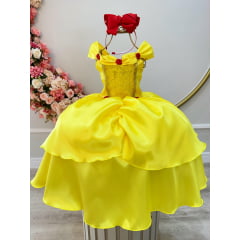 Fantasia Infantil Bela e a Fera Amarelo Ouro Renda Dourada