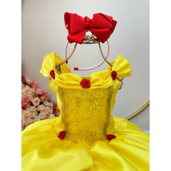 Fantasia Infantil Bela e a Fera Amarelo Ouro Renda Dourada