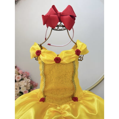 Fantasia Infantil Bela e a Fera Amarelo Ouro Renda Dourada