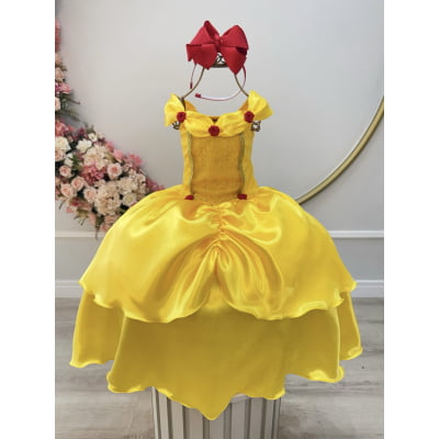 Fantasia Infantil Bela e a Fera Amarelo Ouro Renda Dourada