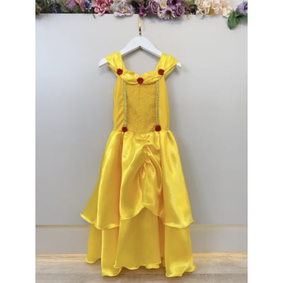 Fantasia Infantil Bela e a Fera Amarelo Ouro Renda Dourada