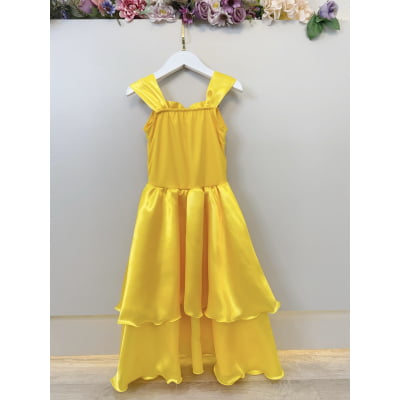 Fantasia Infantil Bela e a Fera Amarelo Ouro Renda Dourada