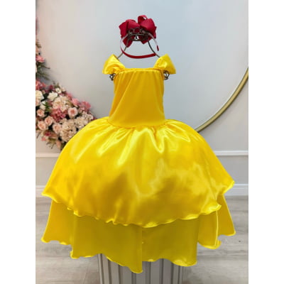 Fantasia Infantil Bela e a Fera Amarelo Ouro Renda Dourada