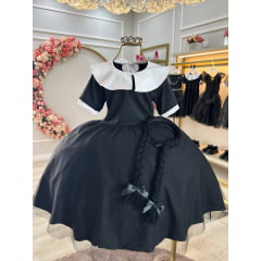 Fantasia Infantil da Wandinha Com Tiara de Tranças Festas