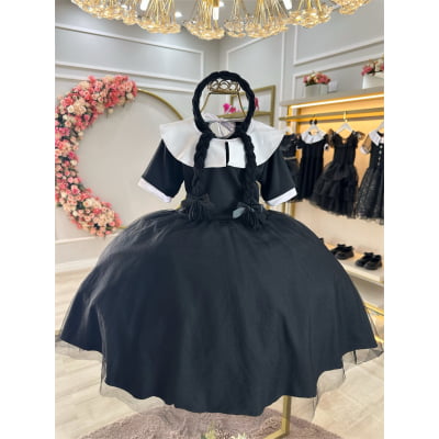 Fantasia Infantil da Wandinha Com Tiara de Tranças Festas