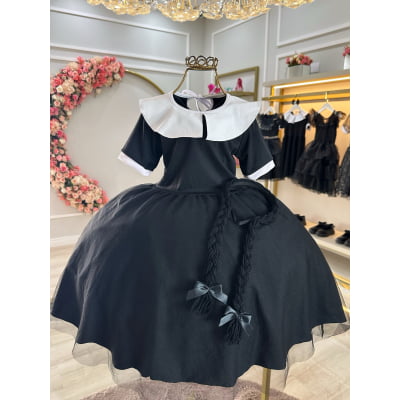 Fantasia Infantil da Wandinha Com Tiara de Tranças Festas