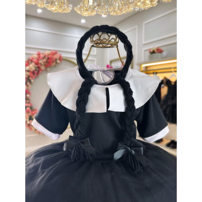 Fantasia Infantil da Wandinha Com Tiara de Tranças Festas