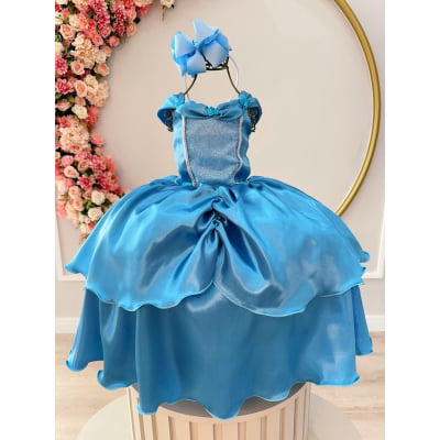 Fantasia Infantil Frozen Cinderela Azul Serenity Tule Brilho