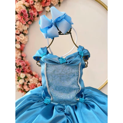 Fantasia Infantil Frozen Cinderela Azul Serenity Tule Brilho
