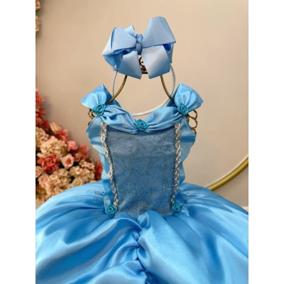 Fantasia Infantil Frozen Cinderela Tule Brilho Azul Serenity