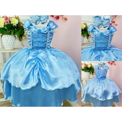 Fantasia Infantil Frozen e Cinderela Azul Renda Brilho