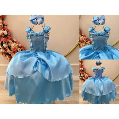 Fantasia Infantil Frozen e Cinderela Azul Renda Brilho