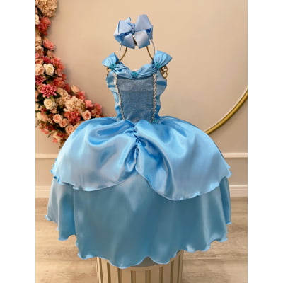 Fantasia Infantil Frozen e Cinderela Azul Renda Brilho