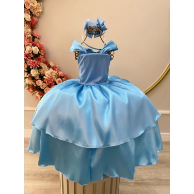 Fantasia Infantil Frozen e Cinderela Azul Renda Brilho