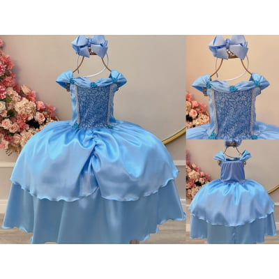 Fantasia Infantil Frozen e Cinderela Azul Renda Brilho