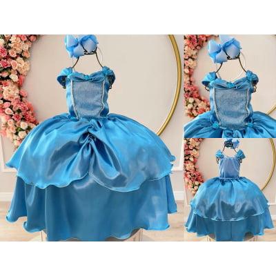 Fantasia Infantil Frozen e Cinderela Azul Renda Brilho