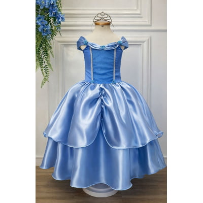 Fantasia Infantil Frozen e Cinderela Azul Renda Brilho