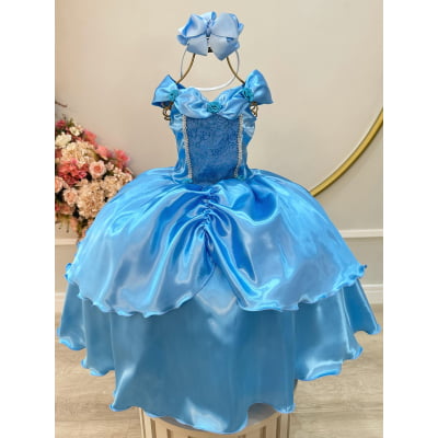 Fantasia Infantil Frozen e Cinderela Azul Renda Brilho