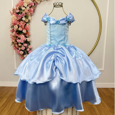 Fantasia Infantil Frozen e Cinderela C/ Renda Azul Claro