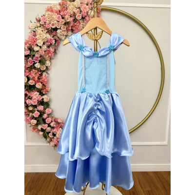 Fantasia Infantil Frozen e Cinderela C/ Renda Azul Claro