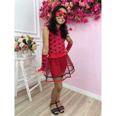 Fantasia Infantil Joaninha, com Máscara e Braceletes, em Helanca e Organza