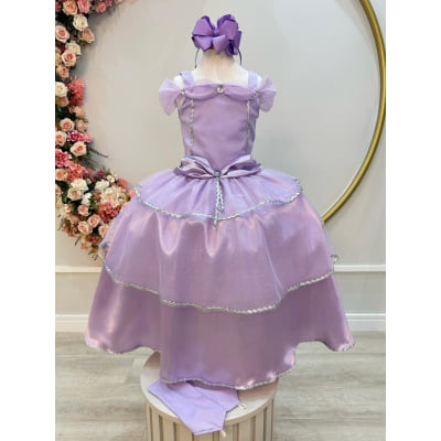 Fantasia Infantil Lilás Princesa Com Luvas, em Cetim, Helanca e Tule Glitter Fantasia Infantil Lilás Princesa Com Luvas, em Cetim, Helanca e Tule Glitter