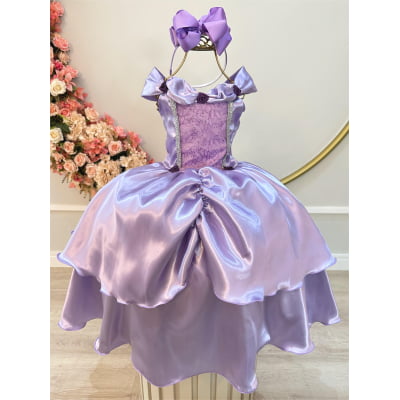 Fantasia Infantil Lilás Princesas Sofia e Rapunzel Festas