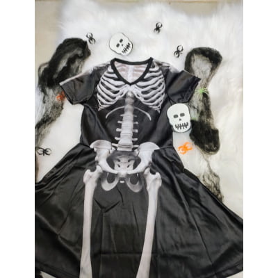 Fantasia Infantil Menina Esqueleto com Presilia de Cabelo