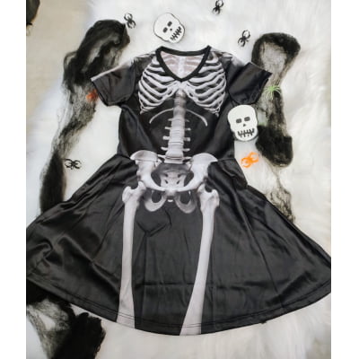 Fantasia Infantil Menina Esqueleto com Presilia de Cabelo Fantasia Infantil Menina Esqueleto com Presilia de Cabelo