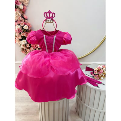 Fantasia Infantil Princesa Pink C/ Tiara e Luva, em Cetim, Helanca e Organza