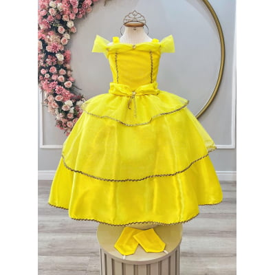 Fantasia Infantil Princesa Amarelo C/ Luvas, em Cetim, Helanca e Tule Glitter Fantasia Infantil Princesa Amarelo C/ Luvas, em Cetim, Helanca e Tule Glitter