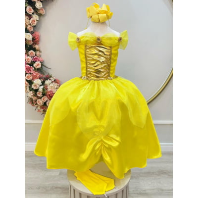 Fantasia Infantil Princesas Amarelo Com Luvas, em Cetim, Helanca e Tule Glitter Fantasia Infantil Princesas Amarelo Com Luvas, em Cetim, Helanca e Tule Glitter